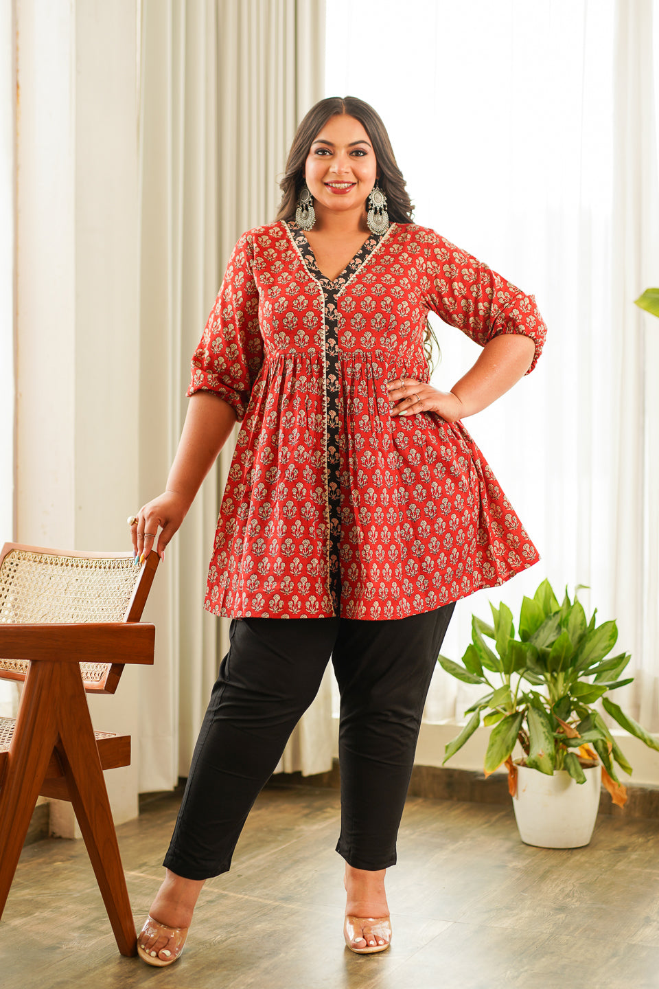 Classic bagru floral printed blouse and red trims