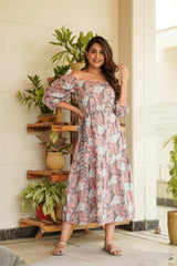 Floral cotton Midi dress with belt- Regular Size