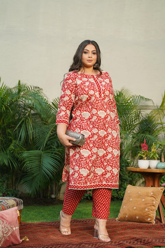 Red Floral Kurta Pant Set - (Set of 2)