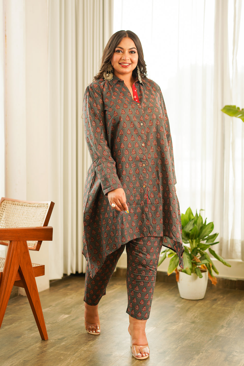 Grey Hi-Lo Collared Cotton Co-ord Set