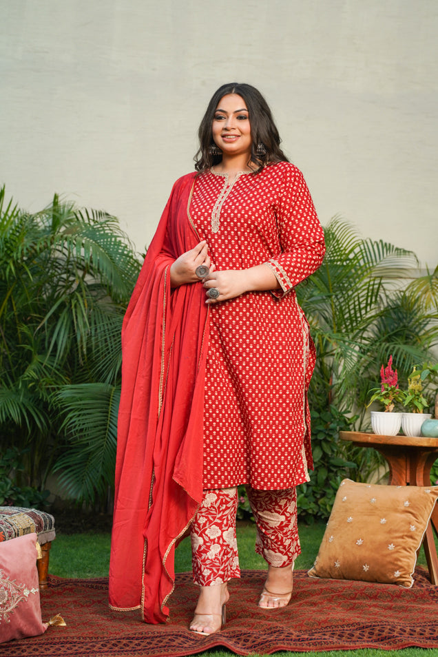 Red Booti Gold Kurta Dupatta Suit Set - (Set of 3)