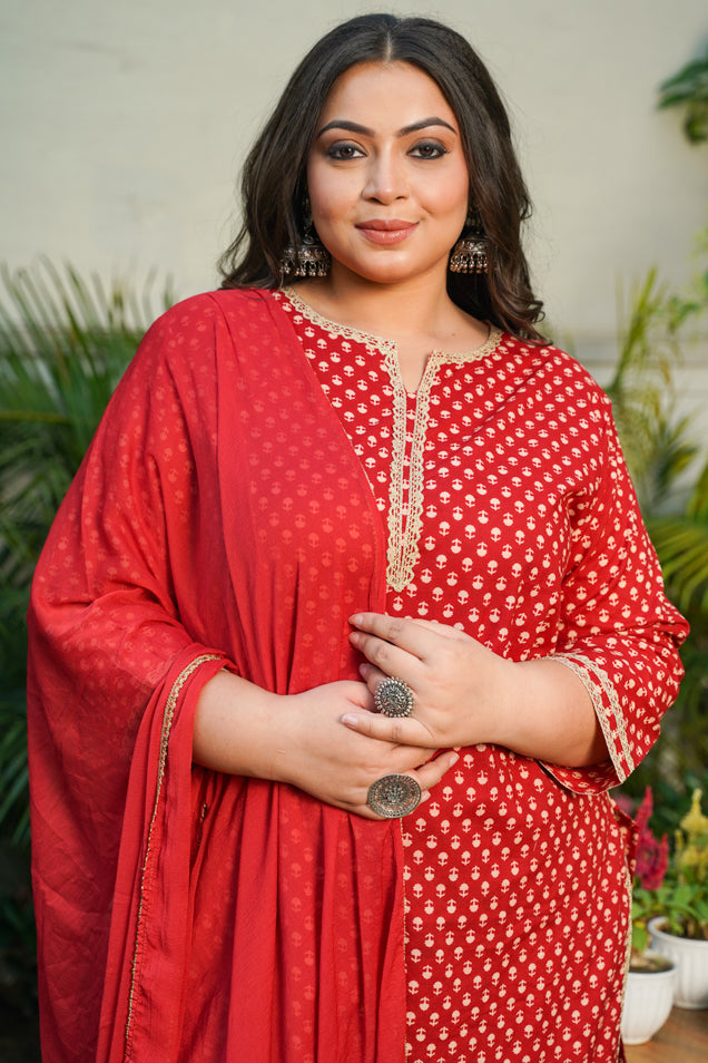 Red Booti Gold Kurta Dupatta Suit Set - (Set of 3)