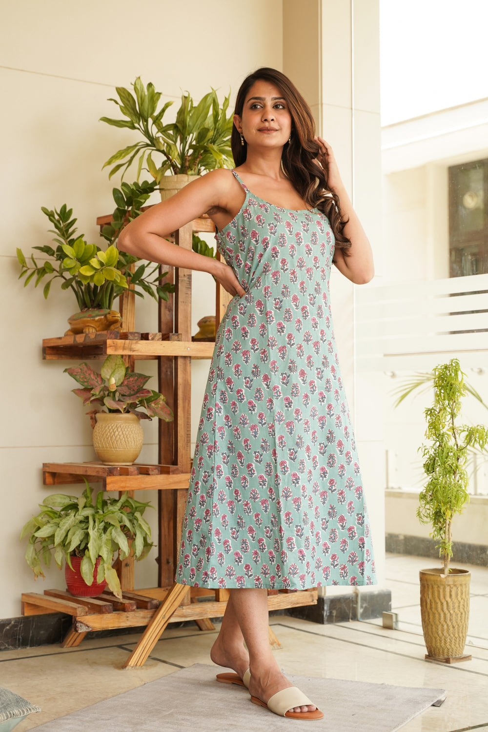 Sky Blue Floral Strap Cotton Dress- Regular Size