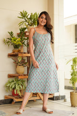 Sky Blue Floral Strap Cotton Dress- Regular Size