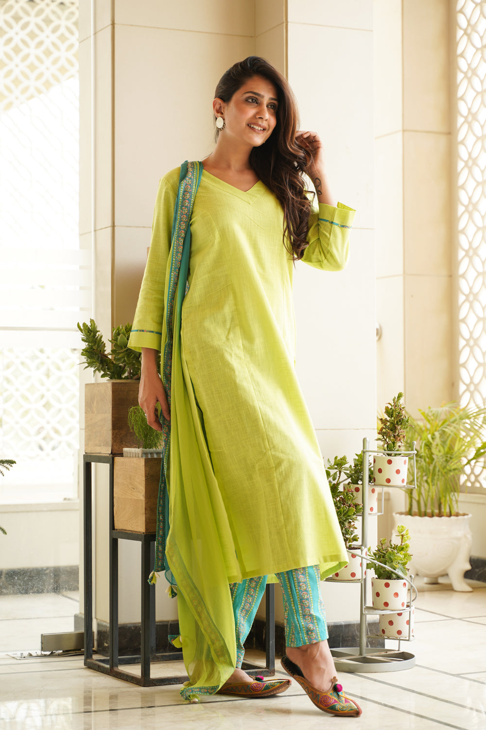 Lime Green Straight Kurta Cotton Slub Suit Set (Set of 3)