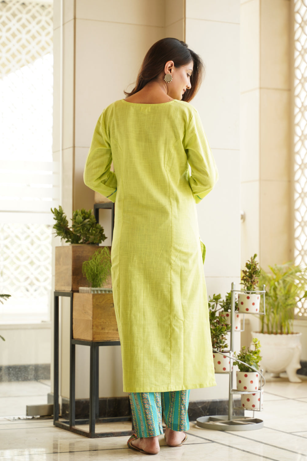 Lime Green Straight Kurta Cotton Slub Suit Set (Set of 3)