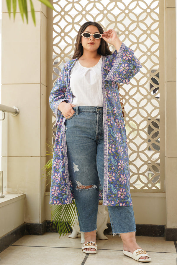 Cotton Hand Block Printed Violet Floral Kimono Cover-Up