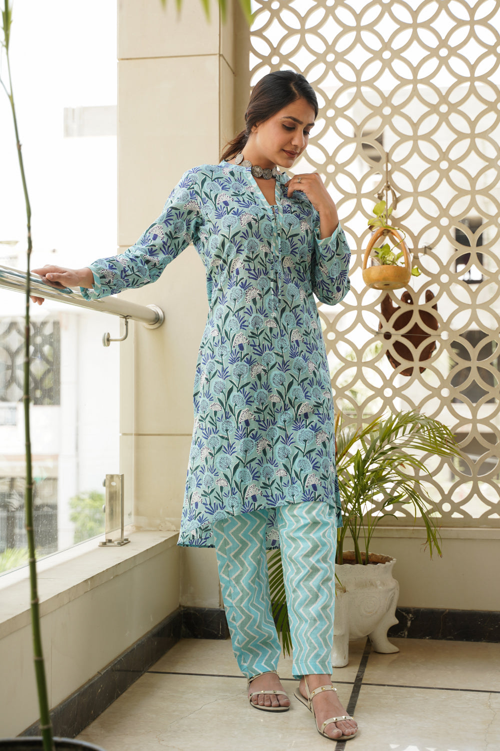 Sky blue Hilo Floral Cotton Kurta - (Set of 2)