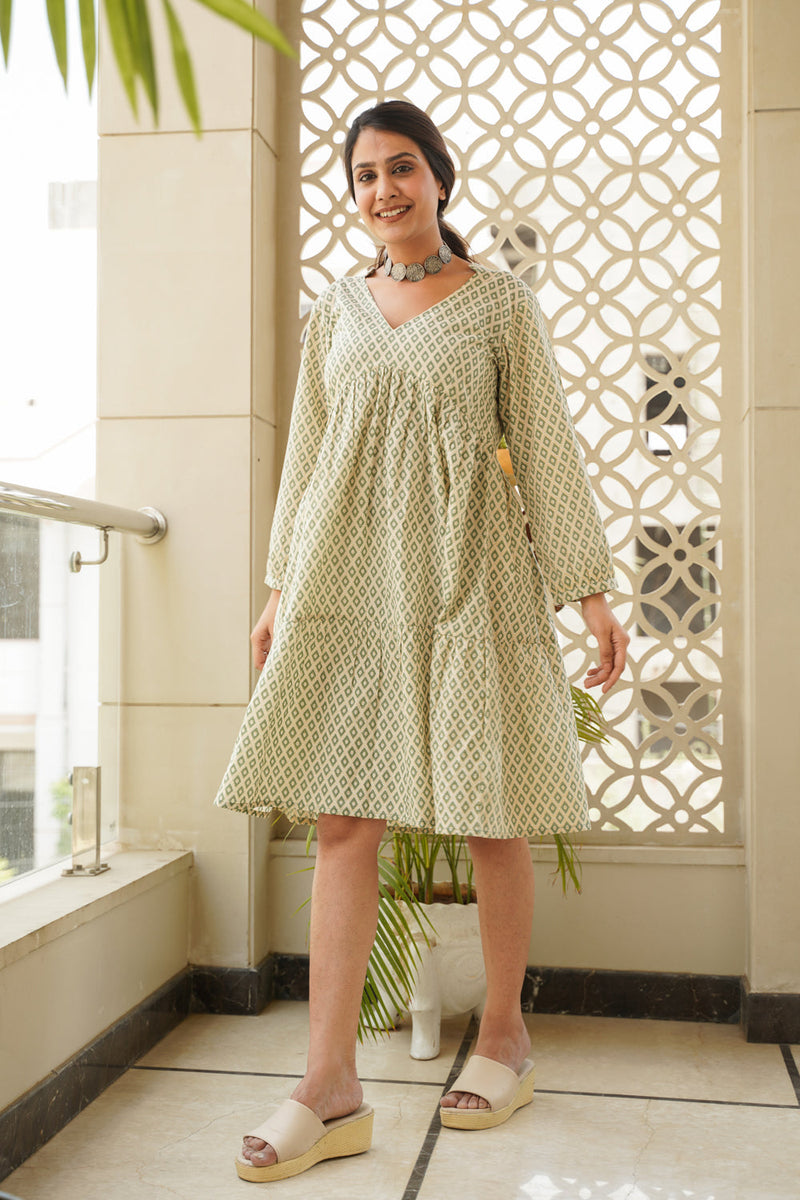 Green V Neck Tiered Short Cotton Dress- Regular Size
