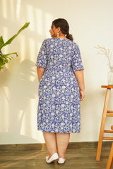 Cotton Blue Floral Printed Shirt Dress Plus Size