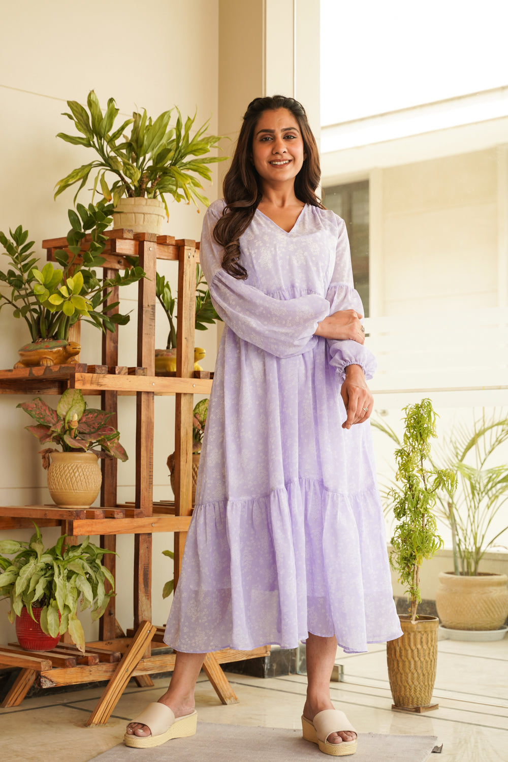 Lilac Georgette Tiered Midi Dress- Regular Size