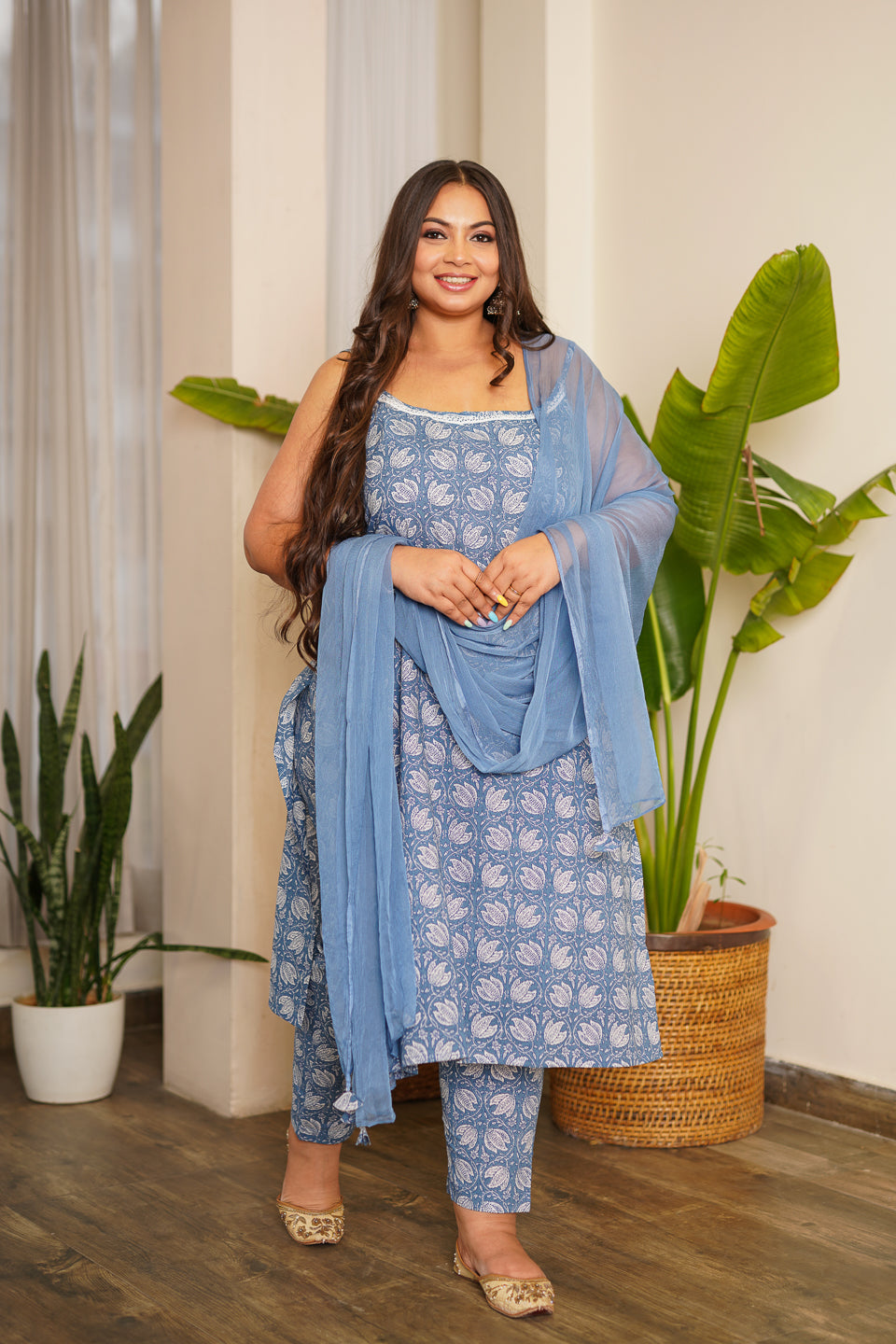 Blue Floral Strap Cotton Kurta (Set of 3)