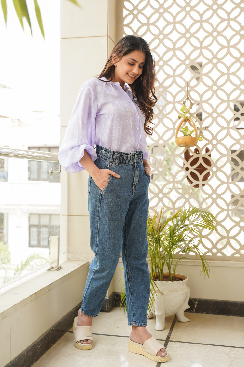 Lilac Georgette Puff Sleeves Shirt