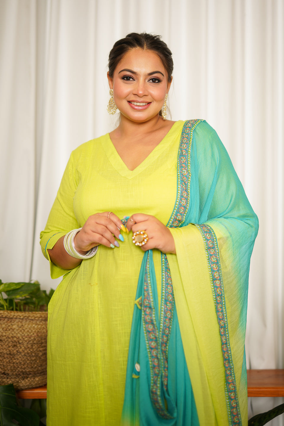 Lime Green Straight Cotton Slub Kurta Suit Set - (Set of 3)