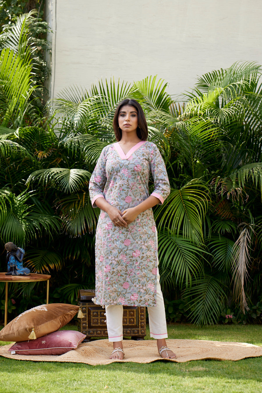 Pink Grey Floral V- Neck Cotton Kurta Pant Set - (Set of 2)