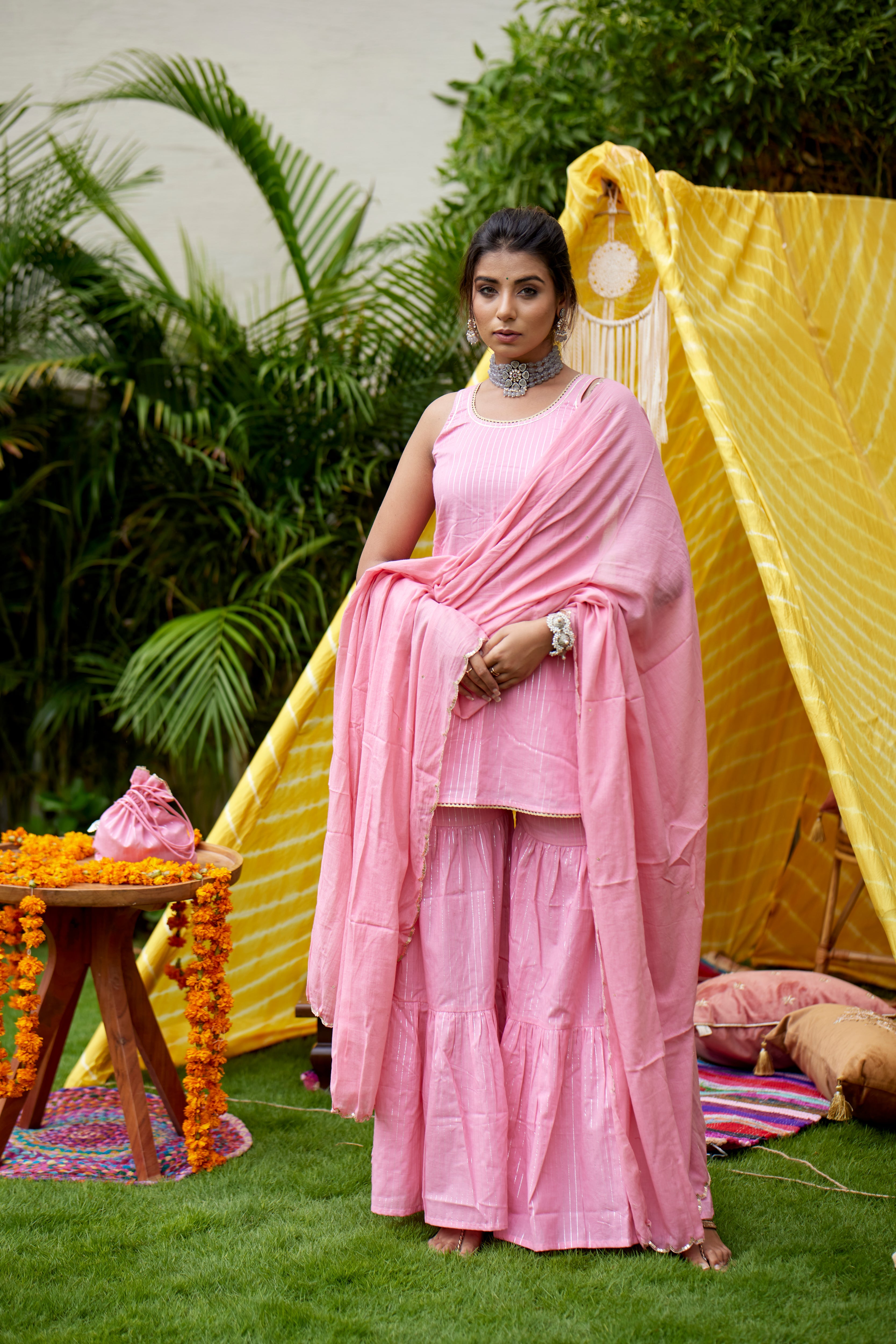 Pink Zari Short Kurta Garara - (Set of 3)