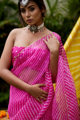 Hot Pink Organza Leheriya Saree