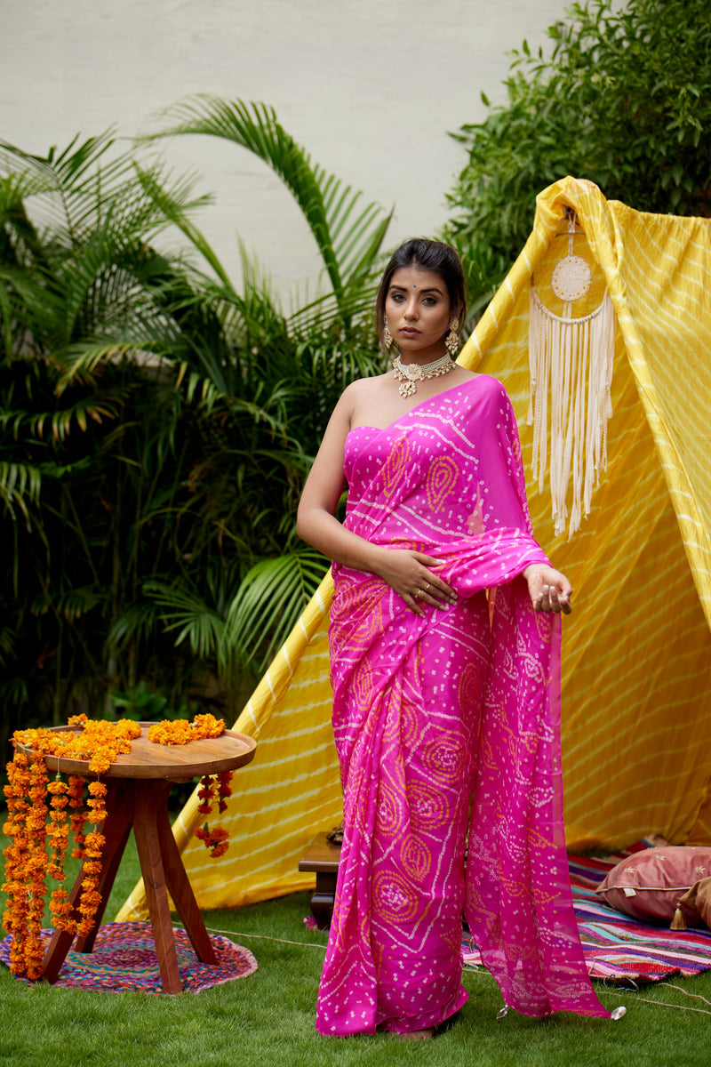Hot Pink Bhandhani Saree