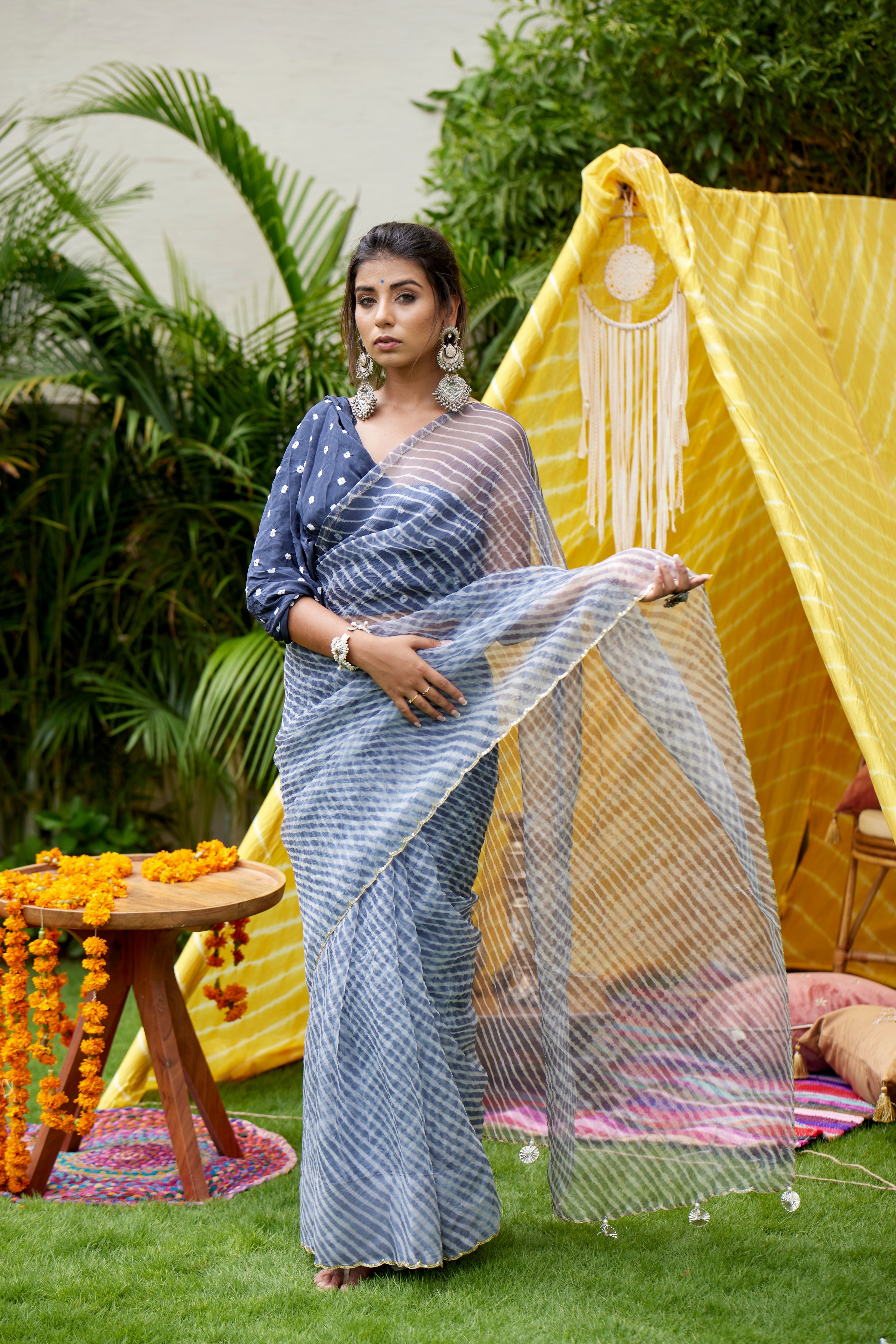 Grey Organza Leheriya Saree