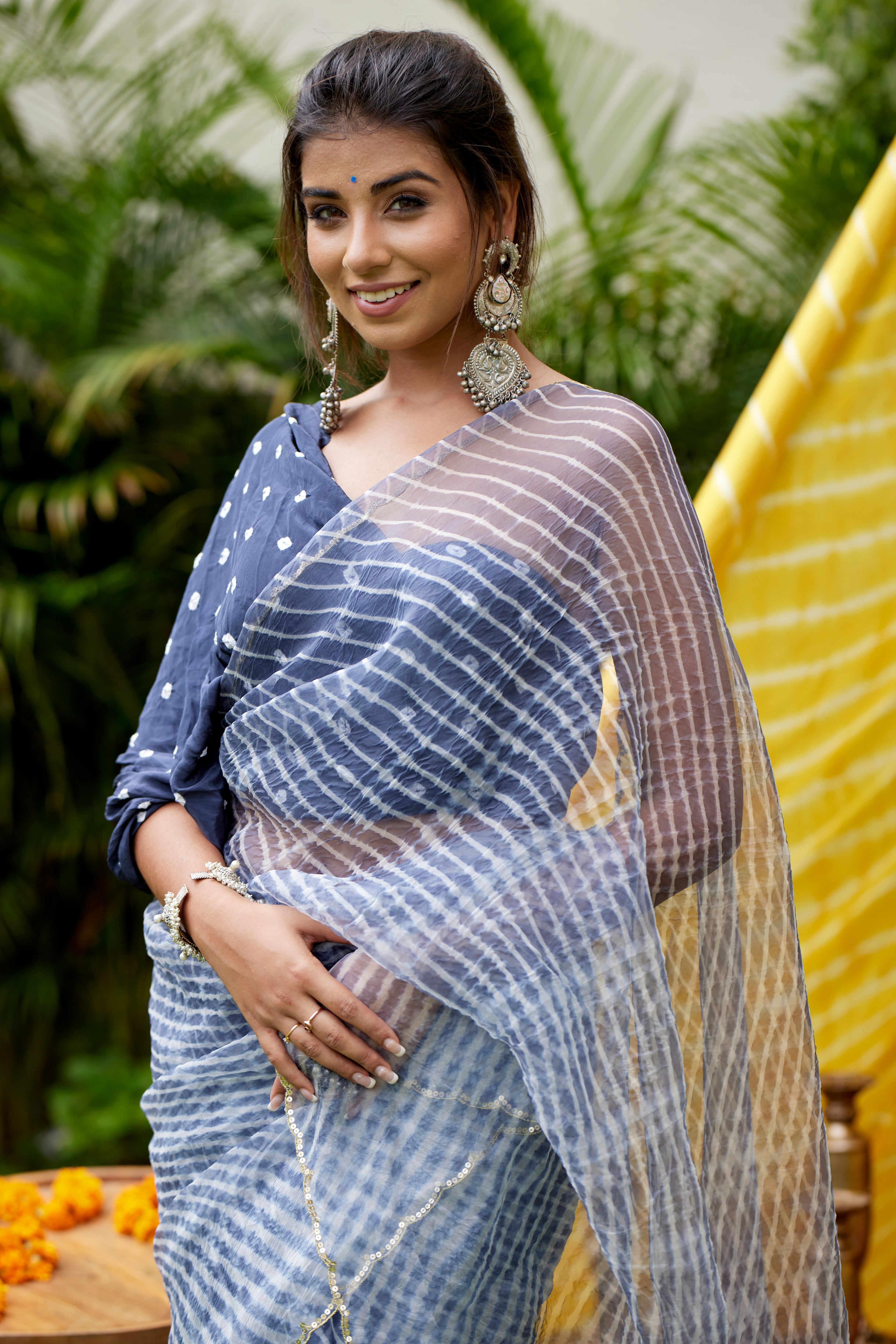 Grey Organza Leheriya Saree