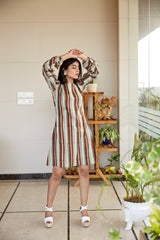 Striped Short Dress with round Sleeve | NR