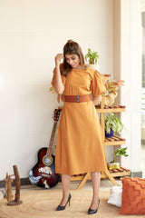 Mustard Office Wear Midi Dress with Round Neck line |  NR