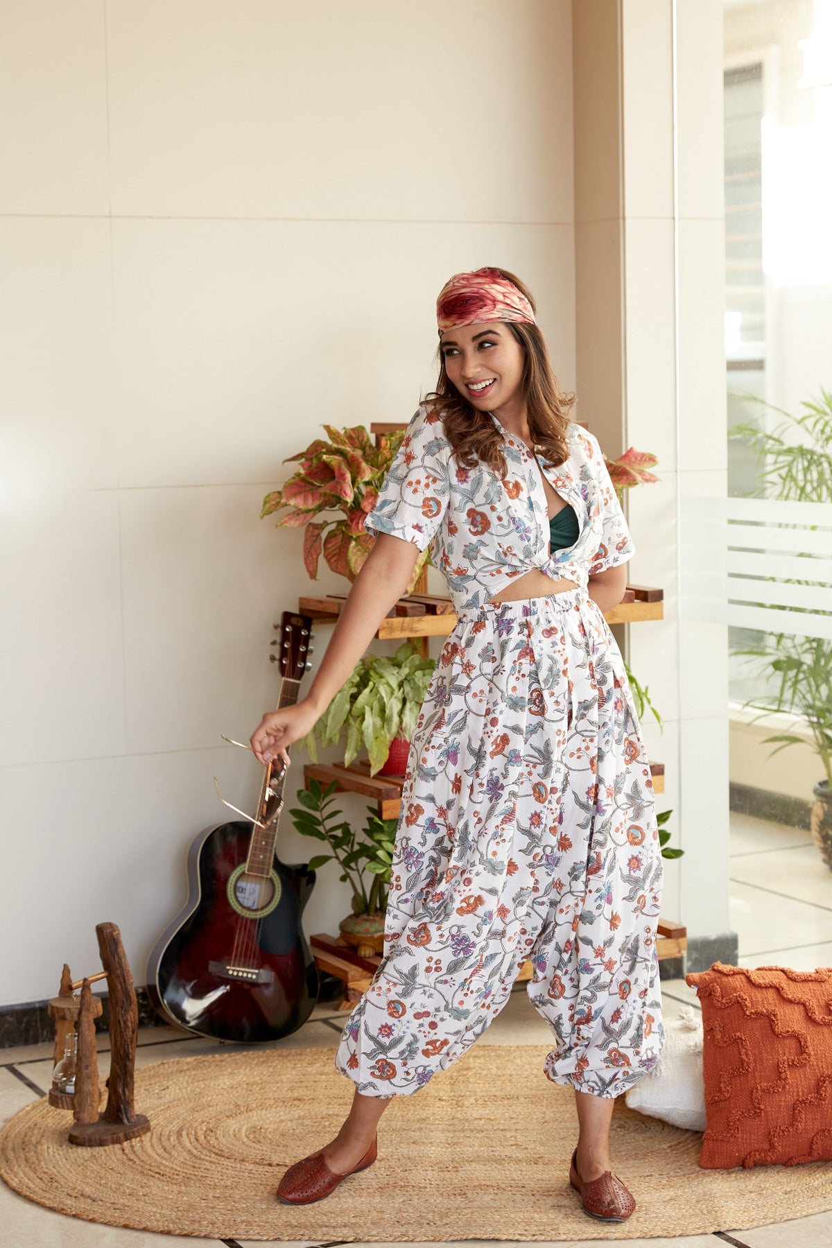 Floral Co-Ord set. with Hand block Printed Crop top & Harem Pants- NR