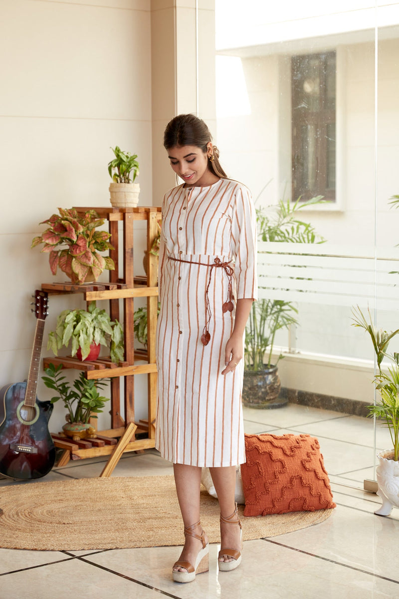Brown Striped White Maxi Dress | NR