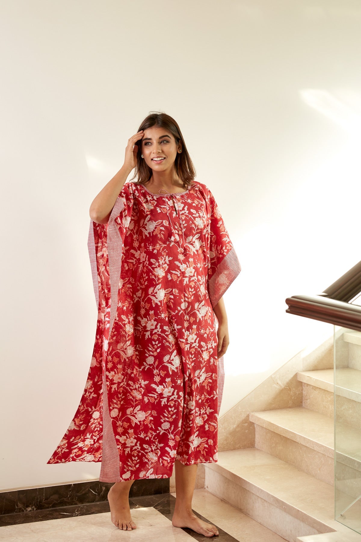 Red Floral Print Kaftan with Striped Border Details | NR