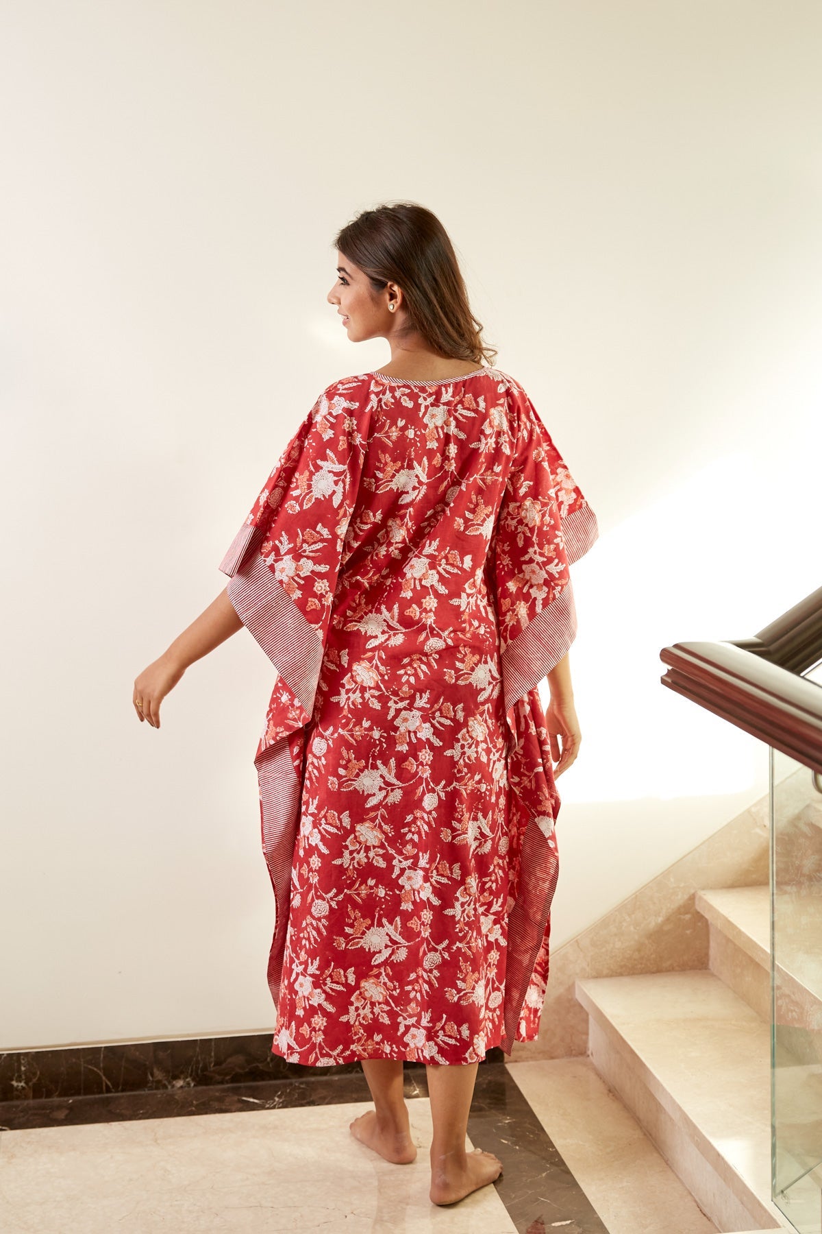 Red Floral Print Kaftan with Dori Neckline | NR