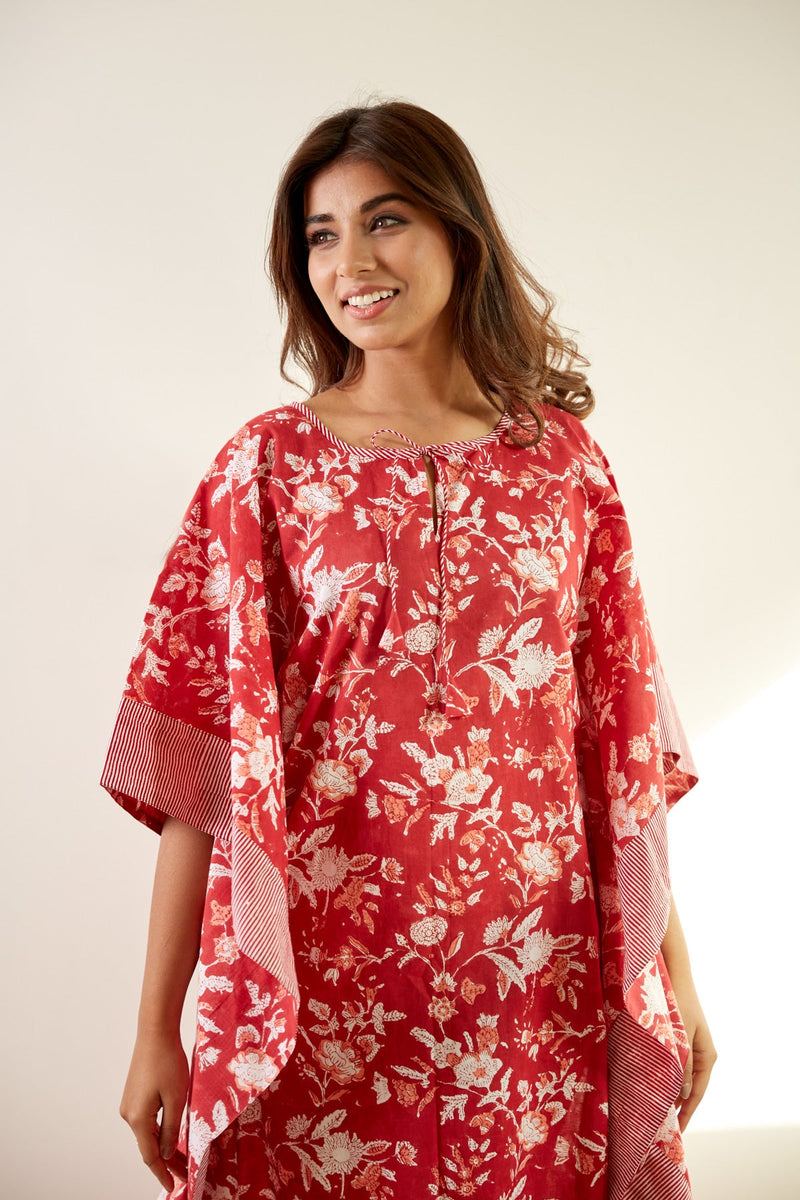 Elegant Red Floral Print Cotton Kaftan | NR