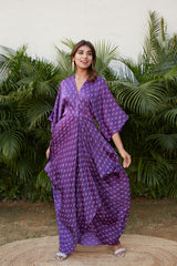 Violet Printed Full Cowl Dress with Overlapping Bodie | NR