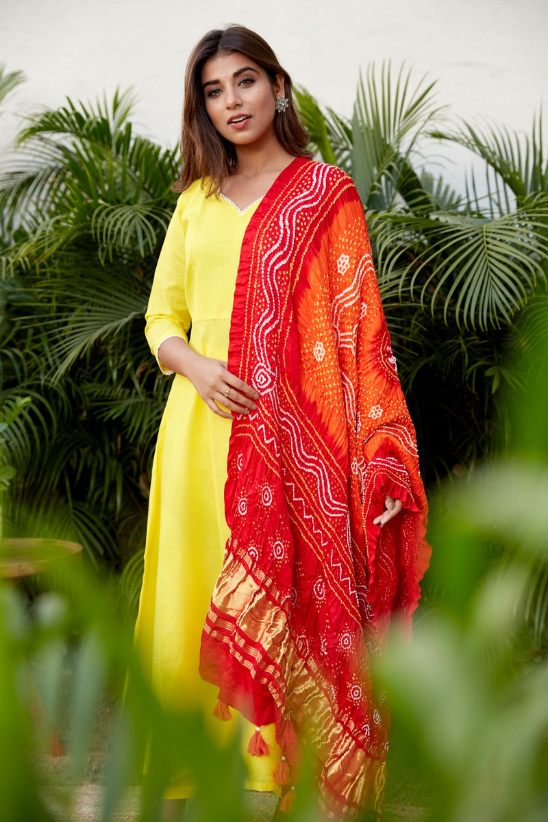 Red Orange Silk fabric Bandhej Dupatta with Banrasi Border | NR