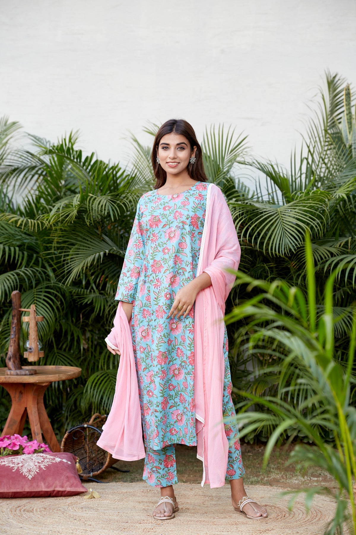 Cotton Blue Pink Floral Printed Kurta Set - (Set of 3)