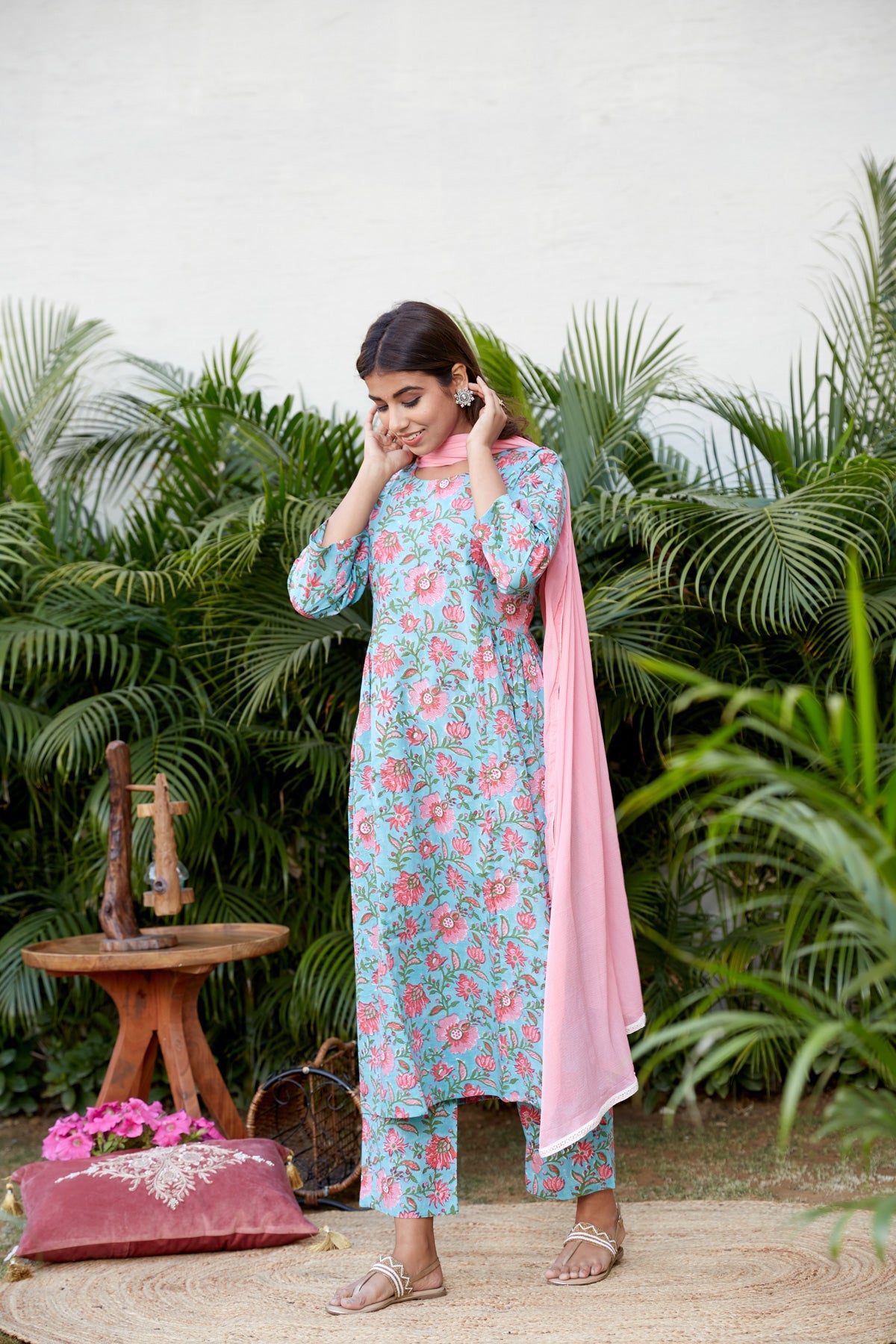 Cotton Blue Pink Floral Printed Kurta Set - (Set of 3)