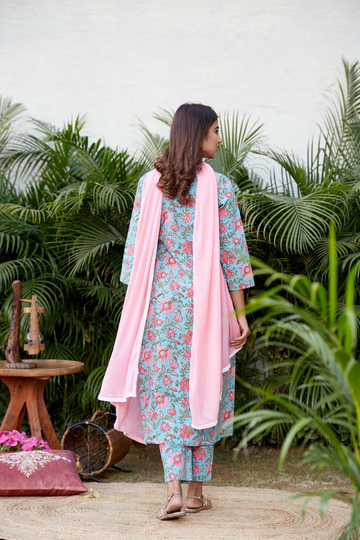 Cotton Blue Pink Floral Printed Kurta Set - (Set of 3)