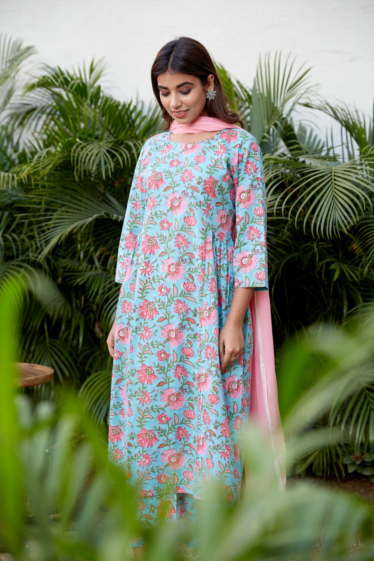 Cotton Blue Pink Floral Printed Kurta Set - (Set of 3)