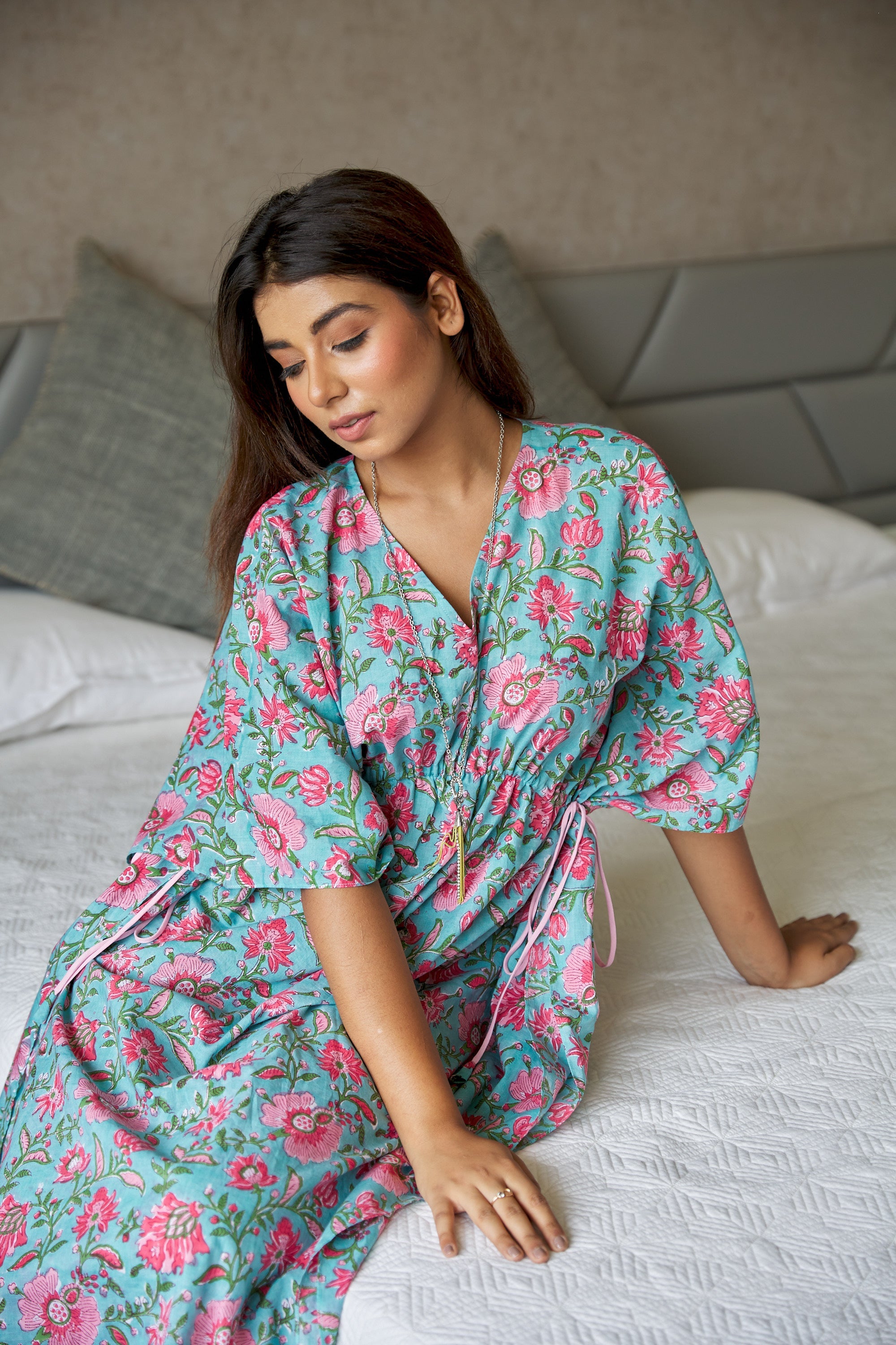 Blue Floral Cotton Kaftan Dress