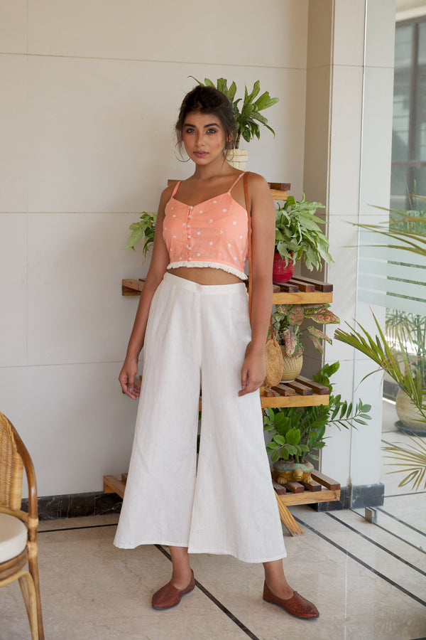 Peach Strappy Cotton Fringed Crop Top