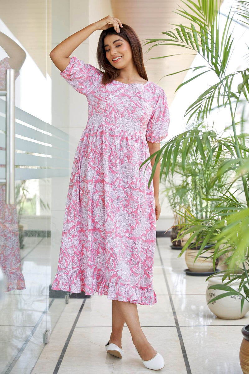 Pink Floral Tiered Cotton Maxi Dress- Regular Size