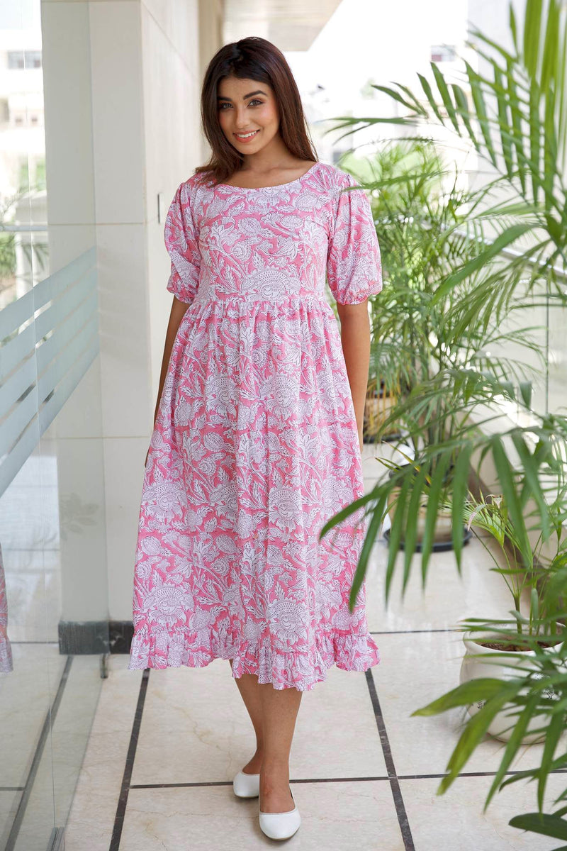 Pink Floral Tiered Cotton Maxi Dress- Regular Size