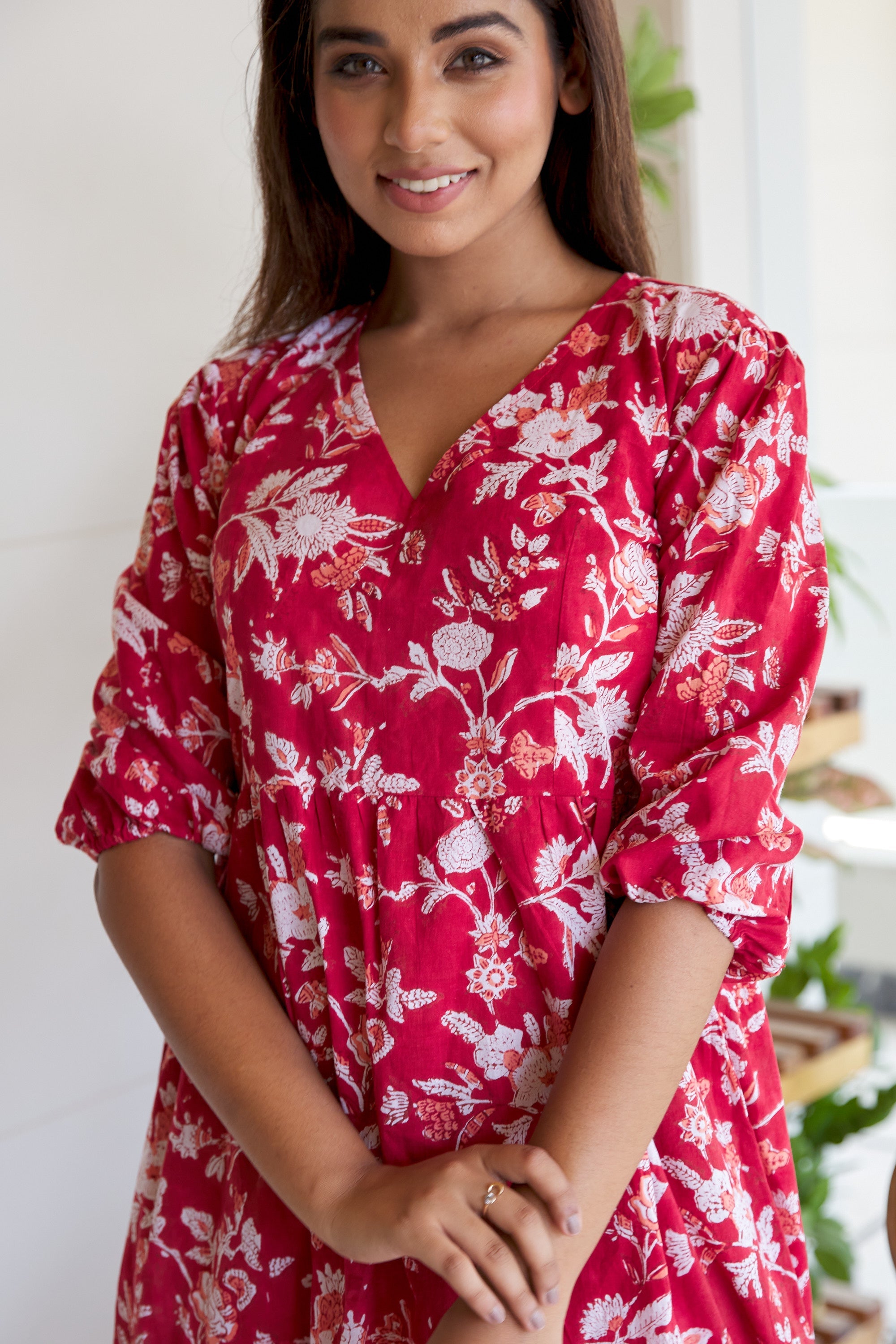 Red Floral Cotton Tiered Maxi