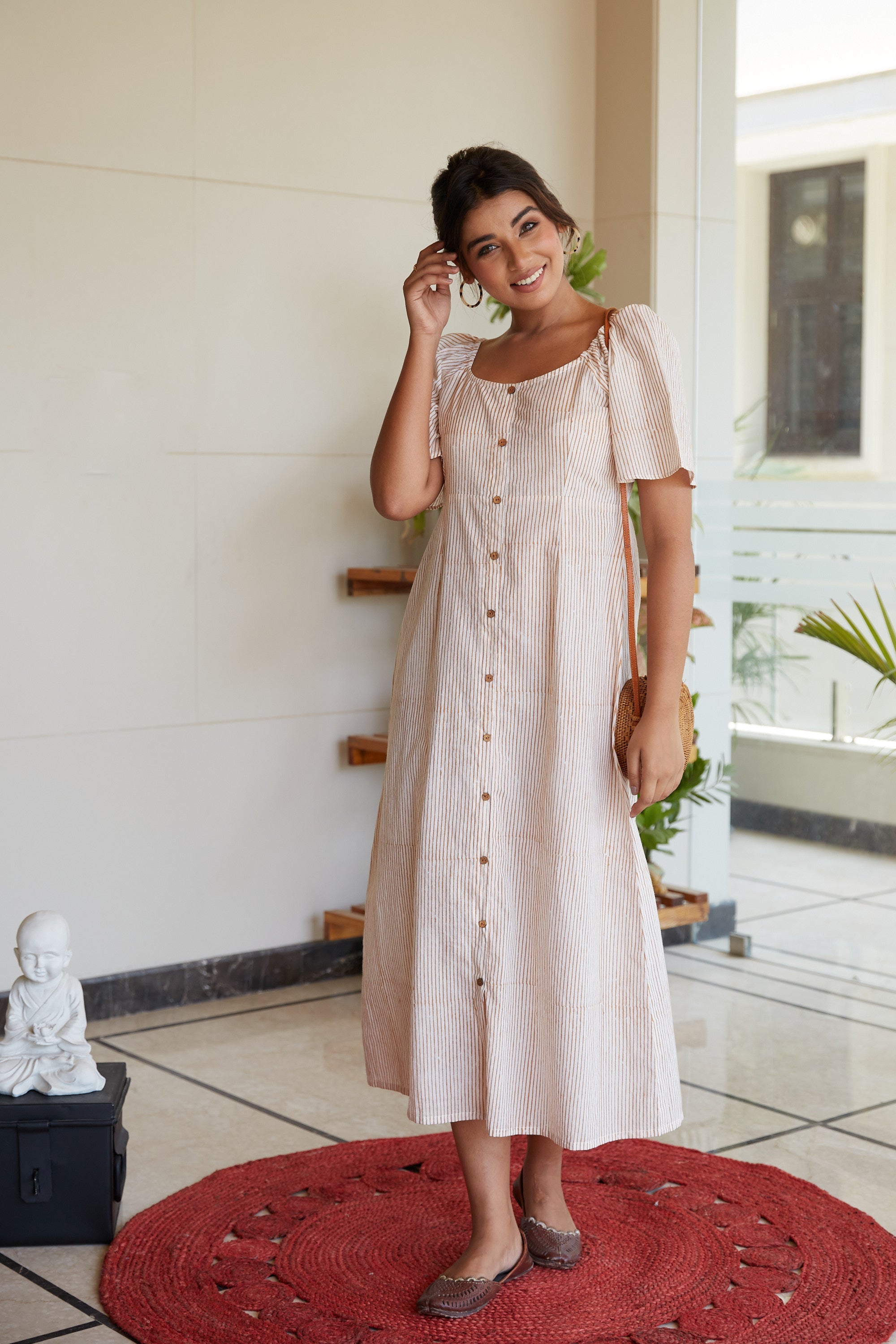 Brown Striped Cotton Buttondown Maxi Dress