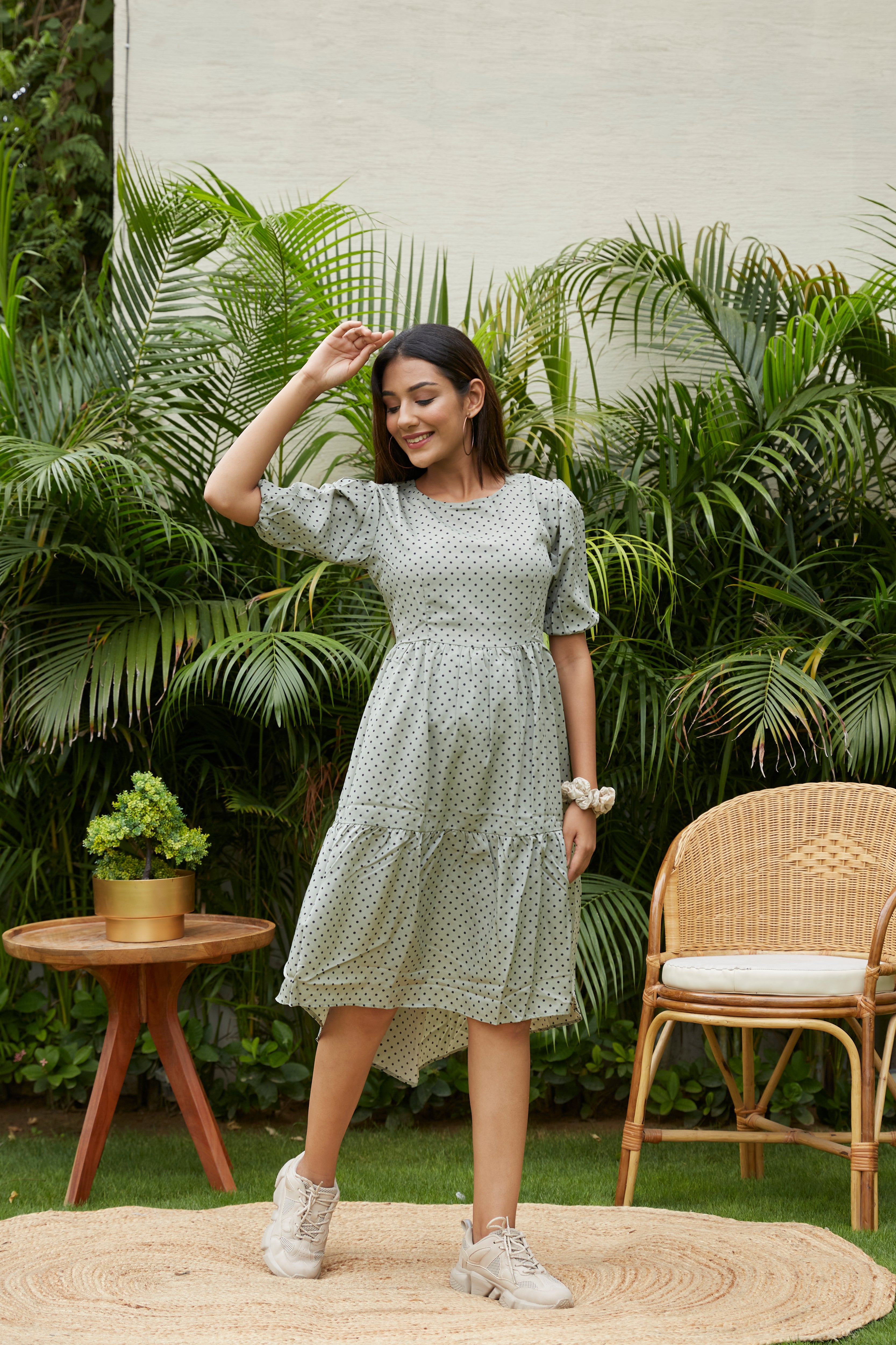 Moss Green Polka Tiered Dress