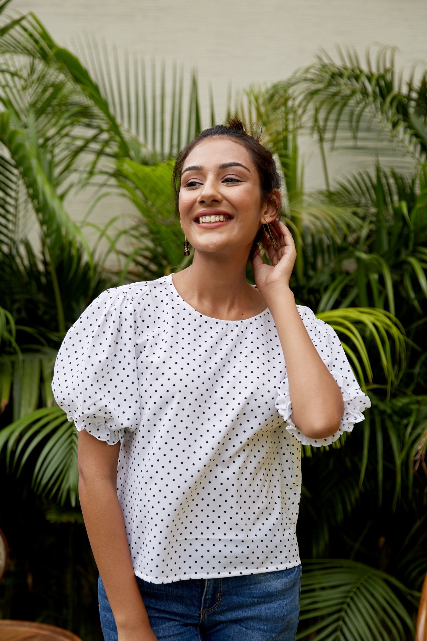 White Crepe Puff Sleeves Polka