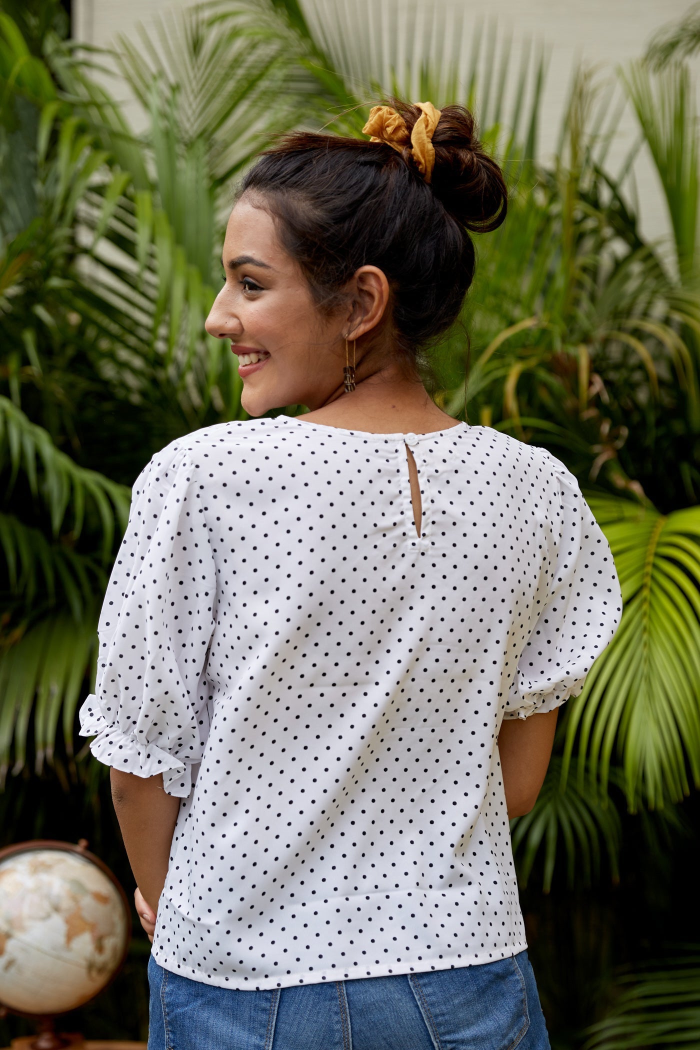 White Crepe Puff Sleeves Polka