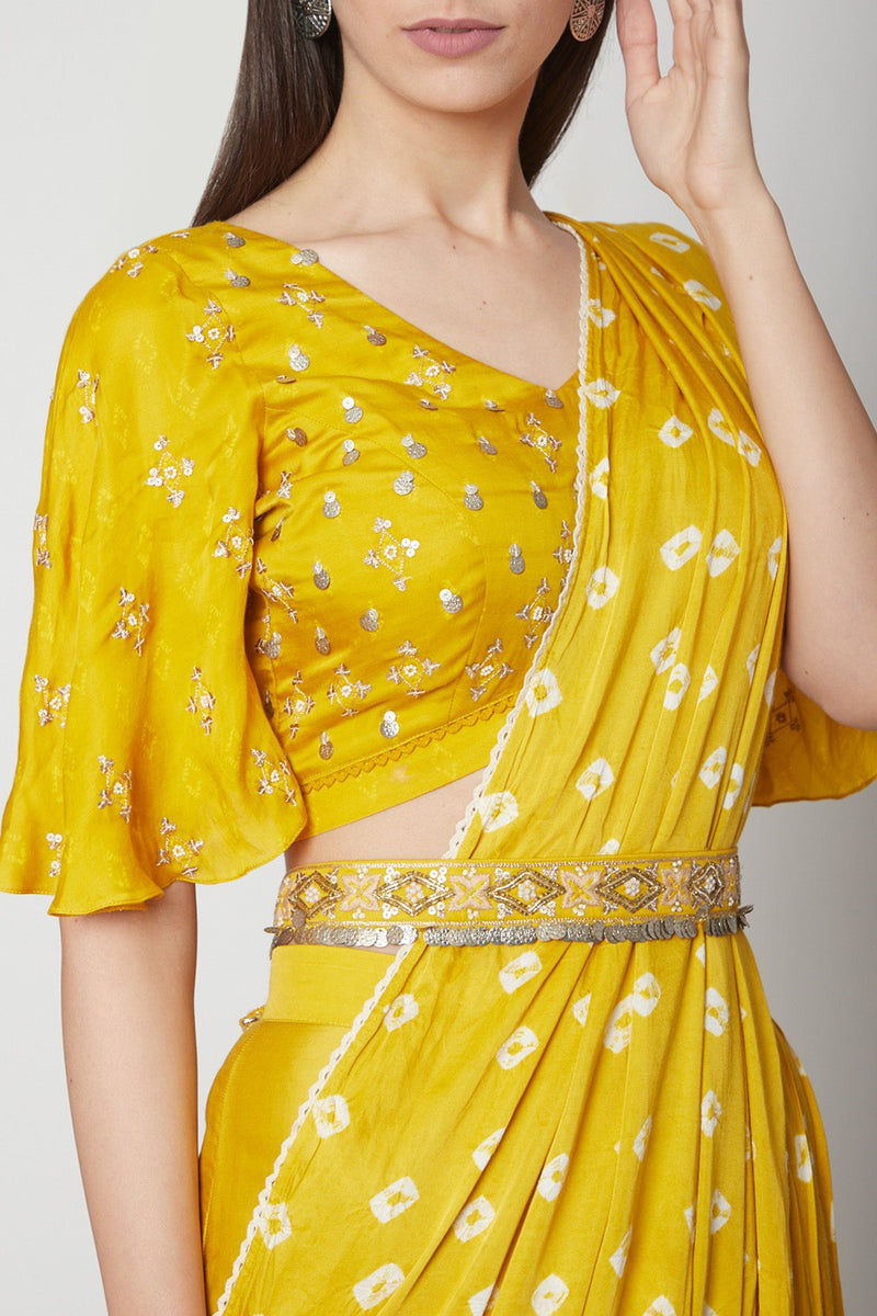 Yellow Pre-Stitched Saree with Embroidered Blouse | NR