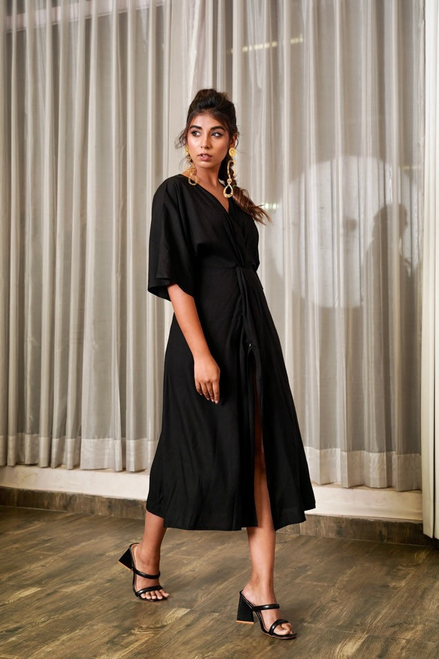 Black Front Knot Satin Dress