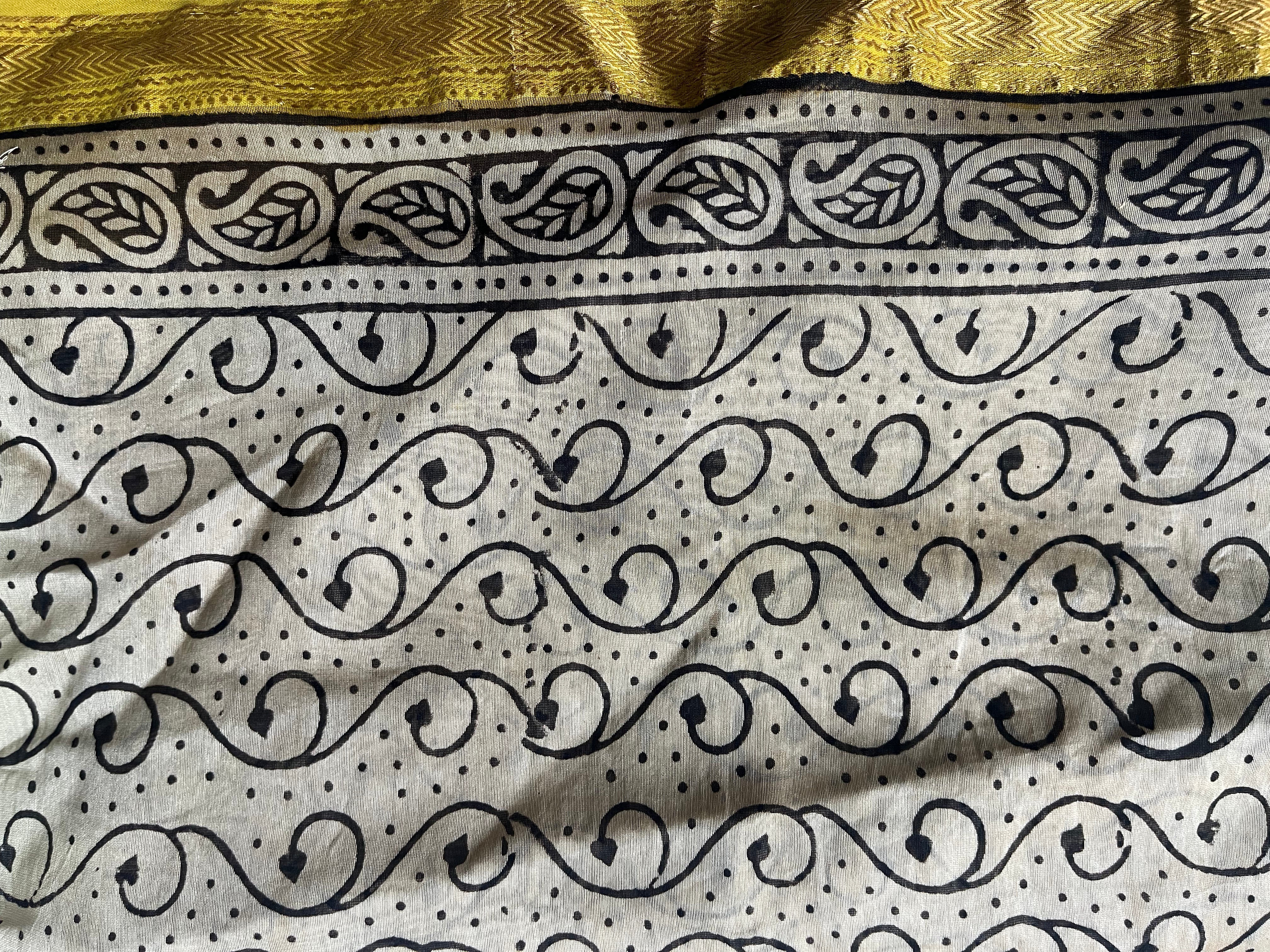 Blue Mustard Bagru Saree