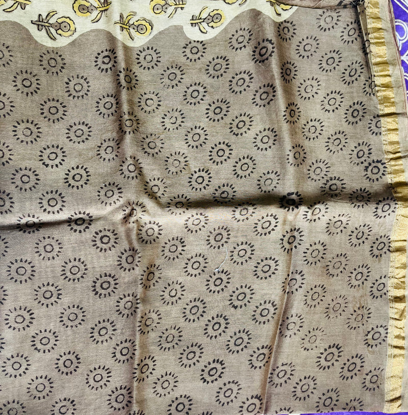 Brown-Beige Ajrakh Printed Chanderi Saree
